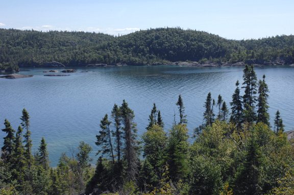 Overhead view of Lake Superior and surrounding forest