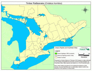 Range map for timber rattlesnake in Ontario
