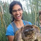 Smera Sukumar holding a snapping turtle