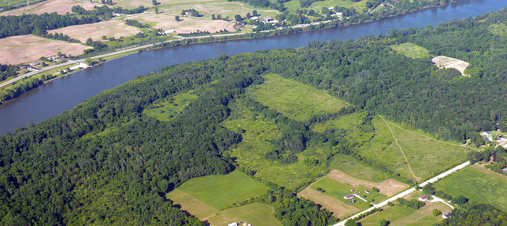Aerial view of part of the Grand River with farms, fields, forest, rural areas and shoreline, Ontario
