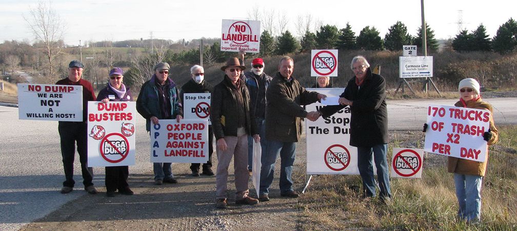 Weekly sign-waving took place every Friday afternoon over 9 years, at various locations in and around Oxford County. This shows volunteers at the roadway to the gates of Carmeuse Lime, where the dump would be situated. A cheque in support of the fight was presented to OPAL’s Treasurer, Dan Vida, from the Ingersoll Community Foundation, 2017.