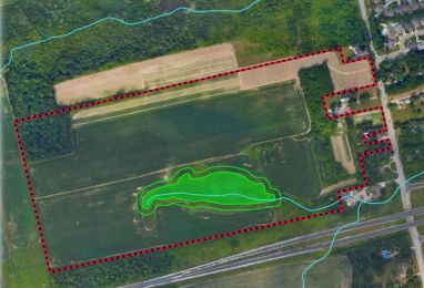 Property lines (red) and core wetland area (green) at the Garner Marsh property