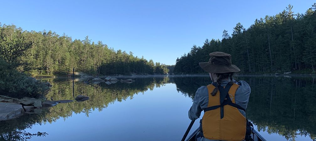 Canoeists paddling beautiful scenic Wolf Lake enjoying surrounding old growth forest