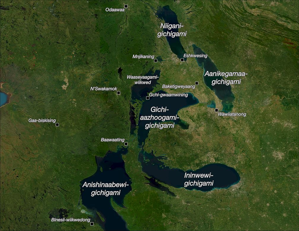 Do you recognize this area? Map of Nayaano-nibiimaang Gichigamiin (Great Lakes) with place names in Anishinaabemowin. Recreated from map created by Charles Lippert and Jordan Engel published on Decolonial Atlas