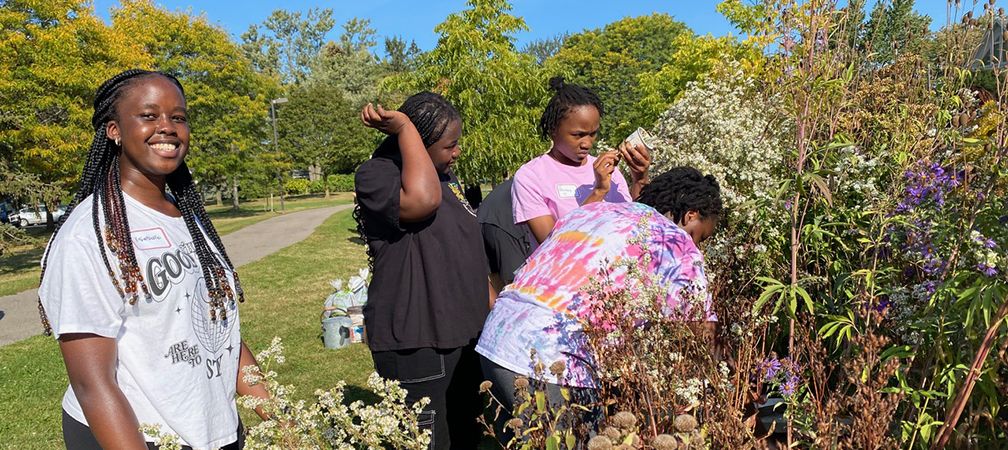 People enjoying and stewarding naturalized habitat in Mississauga thanks to the Blooming Boulevards program