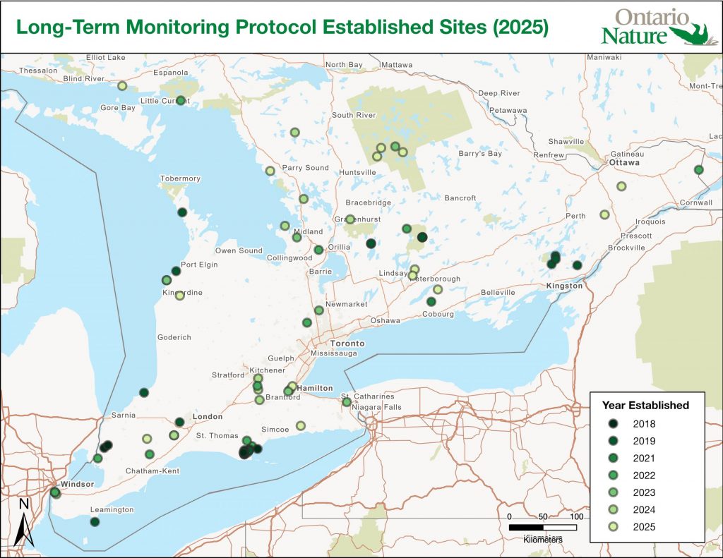 Sites conducting snake surveys using the Long-Term Monitoring Protocol. Sites in darker green have been part of the project for longer; sites in lighter green have joined the project more recently.